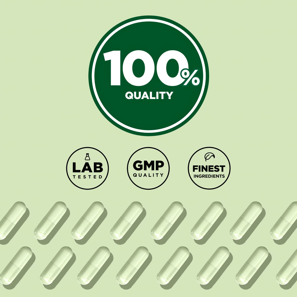 Infographic stating 100% quality, lab tested, GMP quality, with finest ingredients.