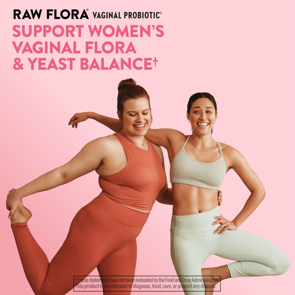 Two women in athletic wear smiling and hugging, emphasizing Raw Flora Vaginal Probiotic.