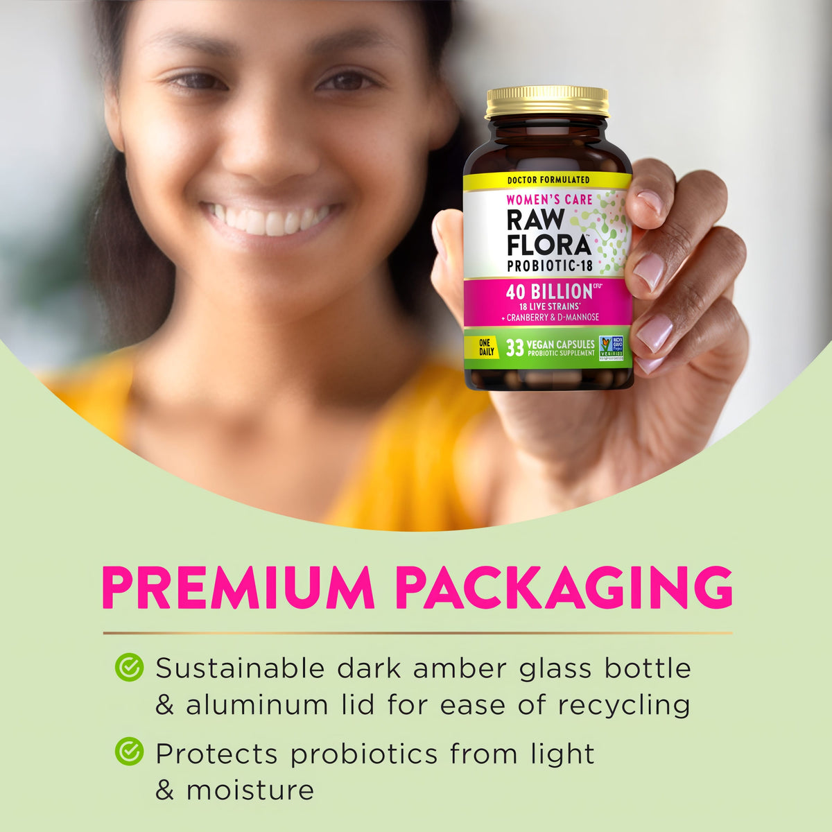 Product highlights graphic stating Premium Packaging: Sustainable amber glass bottle for recycling, protects probiotics from light and moisture.