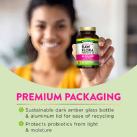 Product highlights graphic stating sustainable dark amber glass bottle and aluminum lid for recycling, protects probiotics from light.