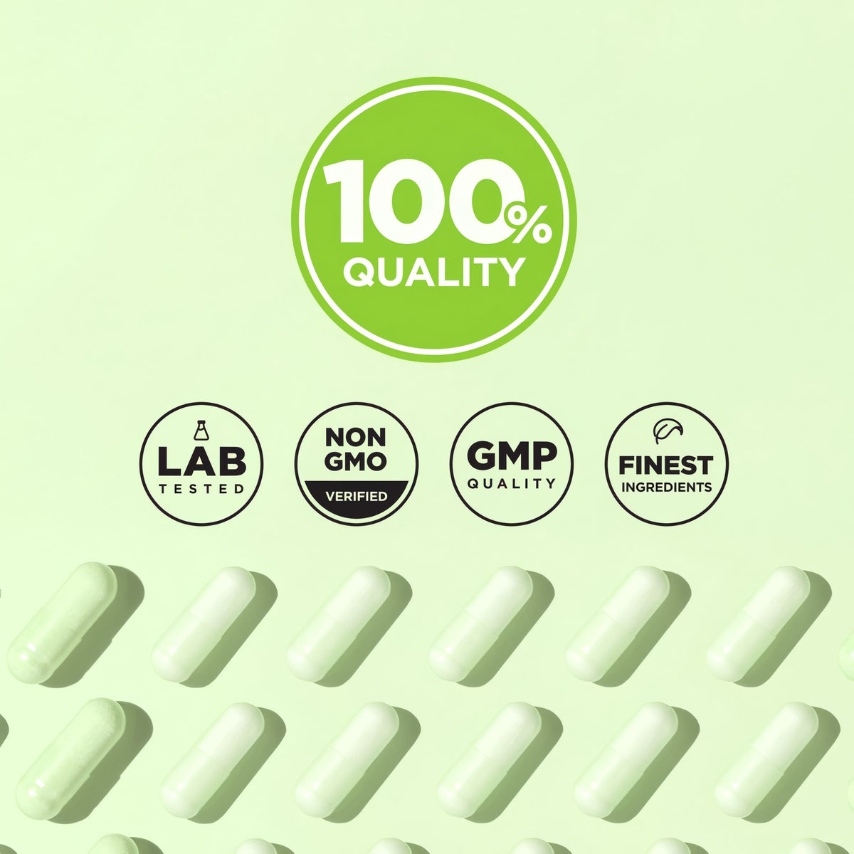 Infographic showing 100% quality, lab tested, non-GMO verified, GMP quality, finest ingredients.