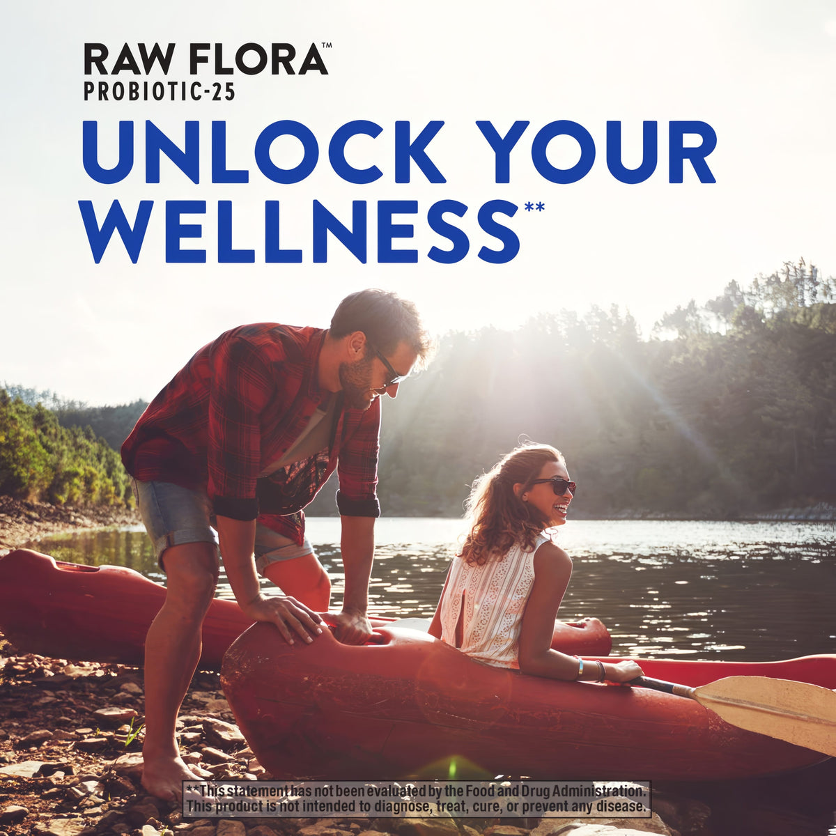 A young adult couple kayaking on a lake with Raw Flora branding visible.