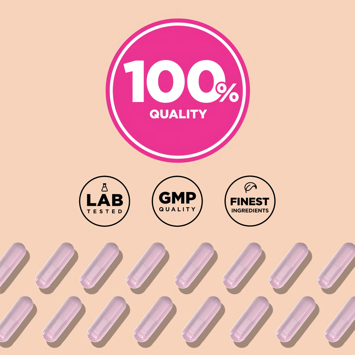 Infographic showing 100% quality, lab tested, GMP quality, and finest ingredients.