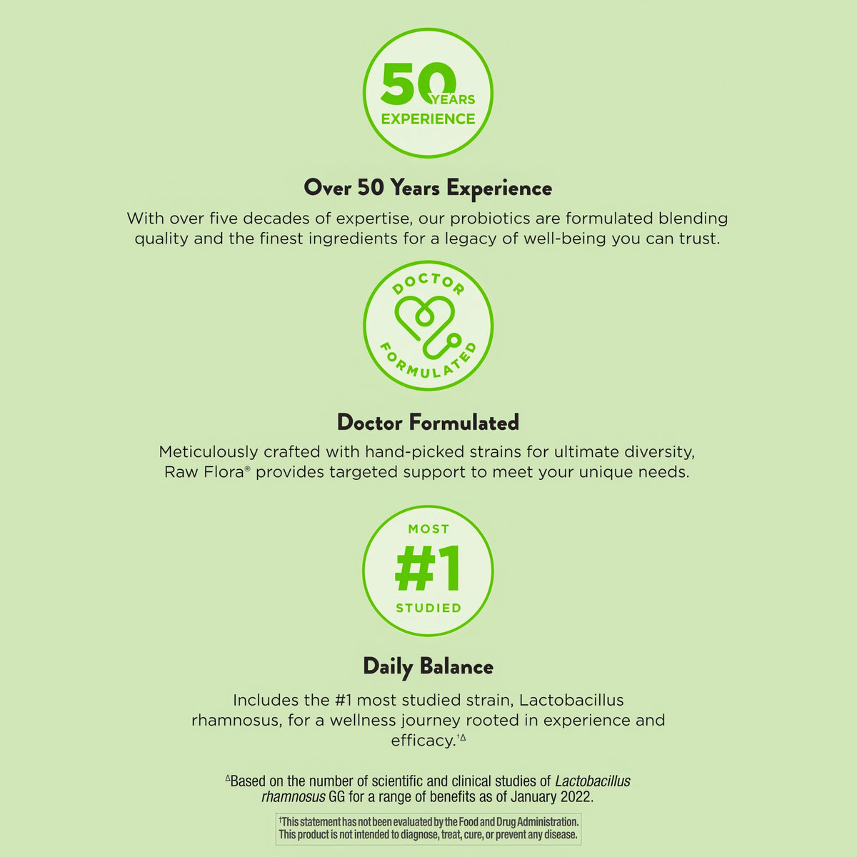Product highlights graphic stating 50+ Years Experience, Doctor Formulated, Daily Balance has #1 most studied strain Lactobacillus rhamnosus.