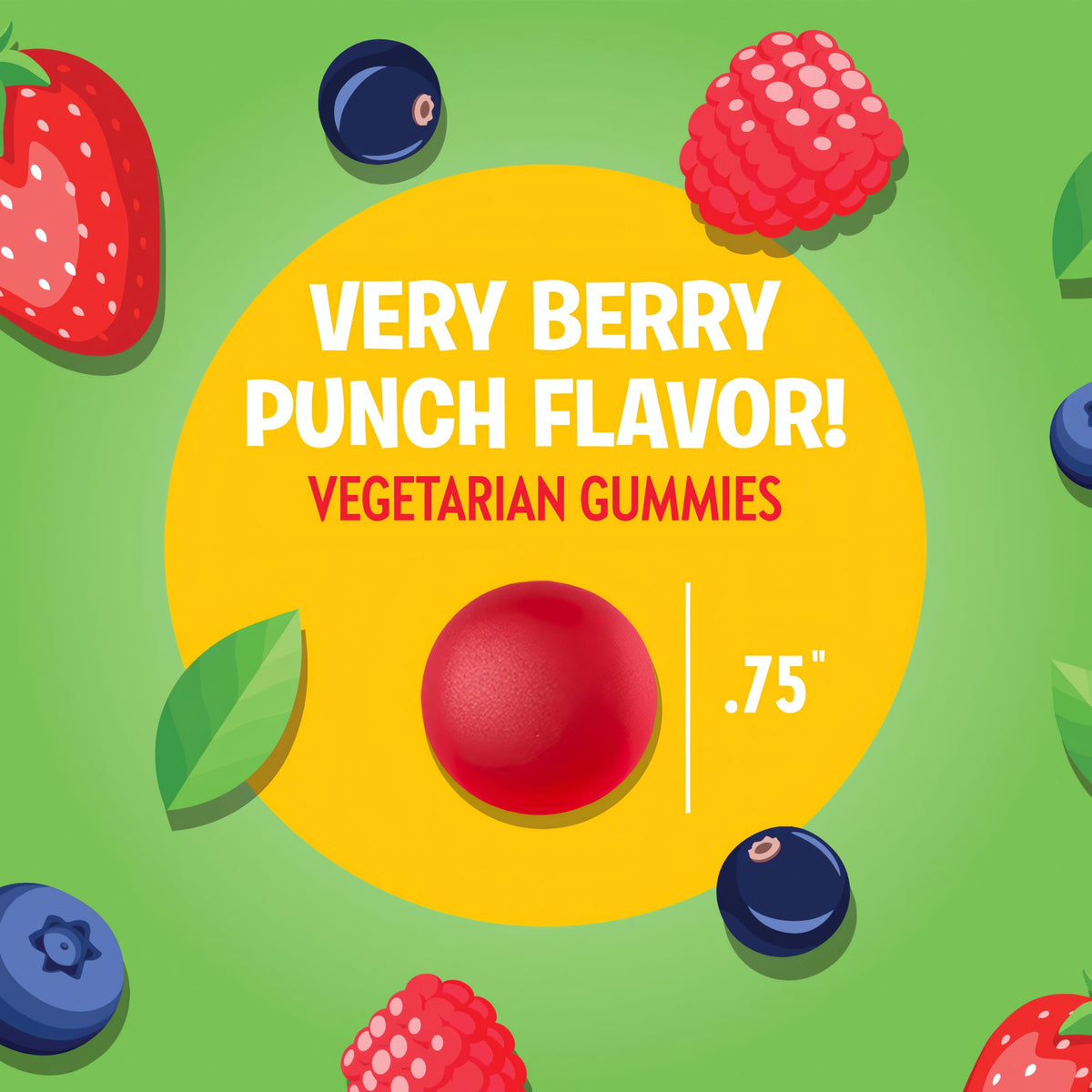 A Red Very Berry Punch flavored vegetarian gummy measuring 0.75 inches, shown on a hand scale for size reference.