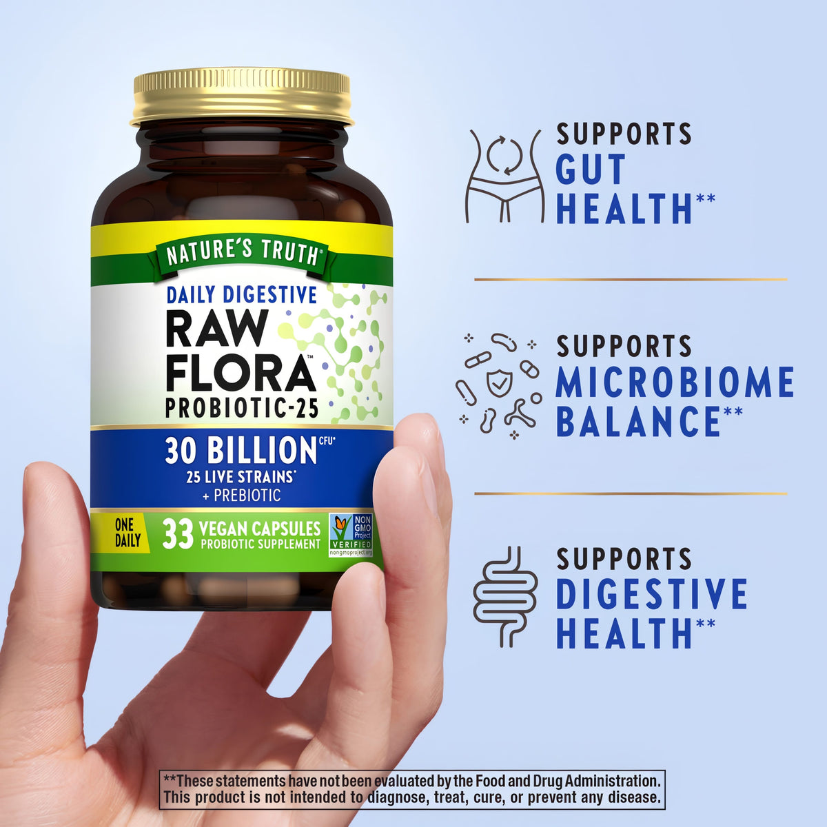Product highlights graphic stating Supports Gut Health**, Supports Microbiome Balance**, Supports Digestive Health**.