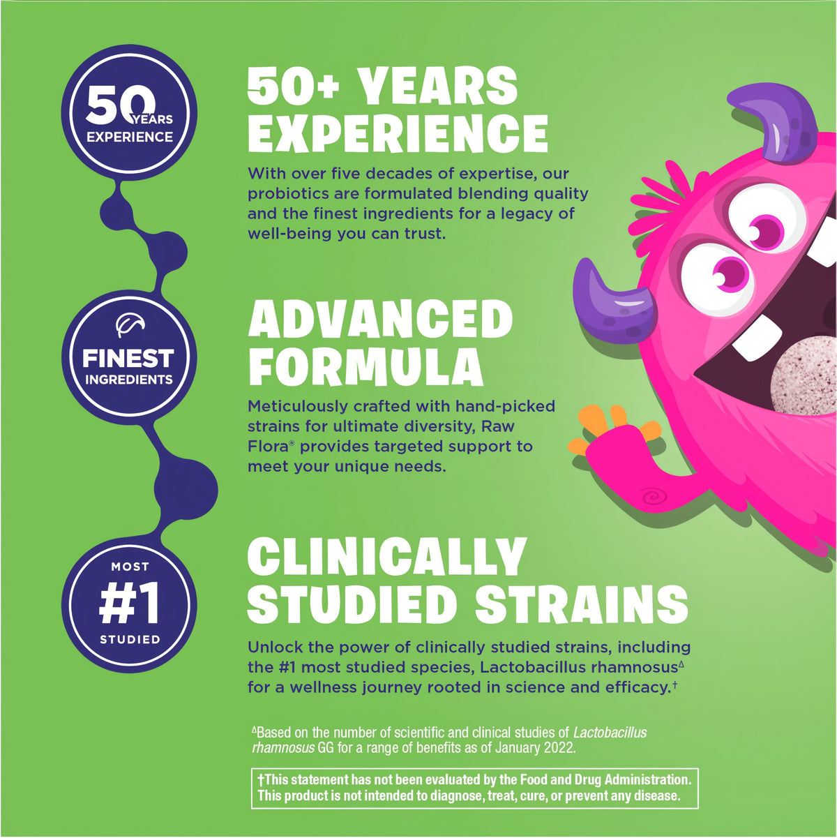 Product highlights graphic stating 50+ YEARS EXPERIENCE, ADVANCED FORMULA, CLINICALLY STUDIED STRAINS, FINEST INGREDIENTS.