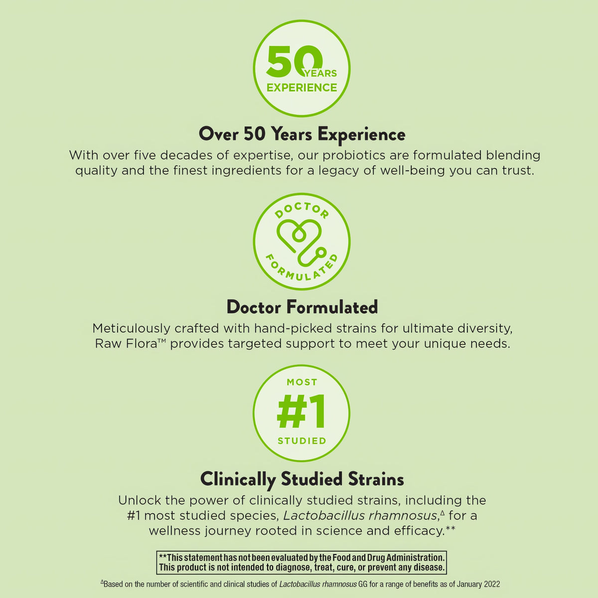 Product highlights graphic stating over 50 years experience, doctor formulated, and clinically studied strains.