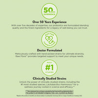 Product highlights graphic stating over 50 years experience, doctor formulated, and clinically studied strains.
